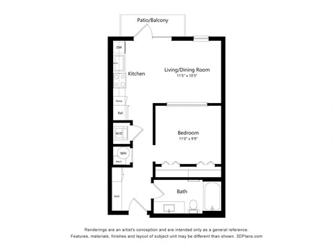 Floor plan for studio, 1 bath, 598 sqft